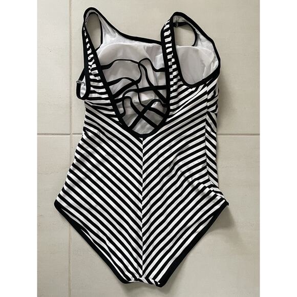 Adore Me Swim One Piece Swimsuit Striped Lace Up Back Swimwear - Picture 5 of 9